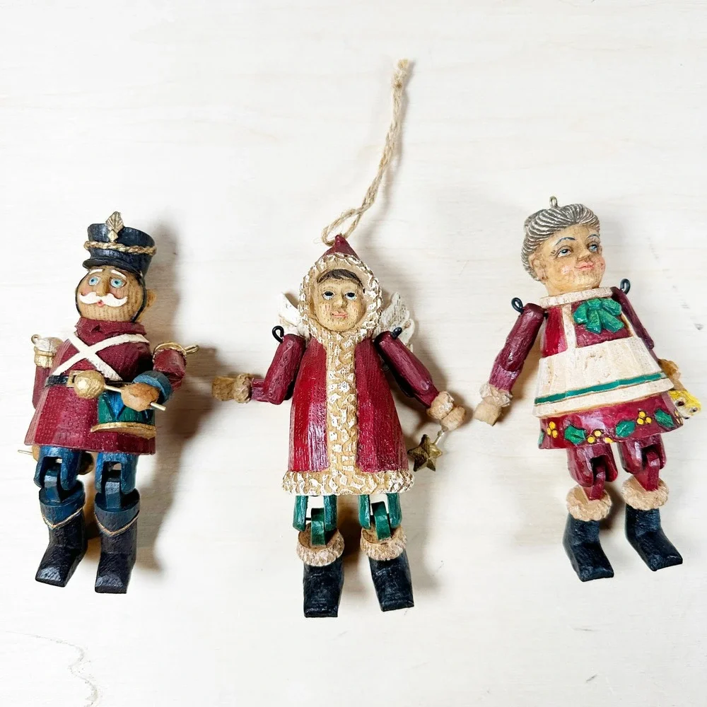 Christmas‎ Jointed Resin Folk Art Ornaments X3 Set Angel Drummer Mrs Claus VTG